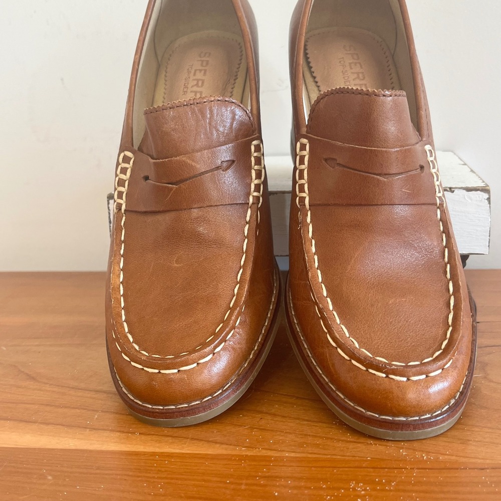 Sperry Seaport Penny Loafer Tan Leather Block Heels STS86537 Womens 5.5 - Picture 4 of 7